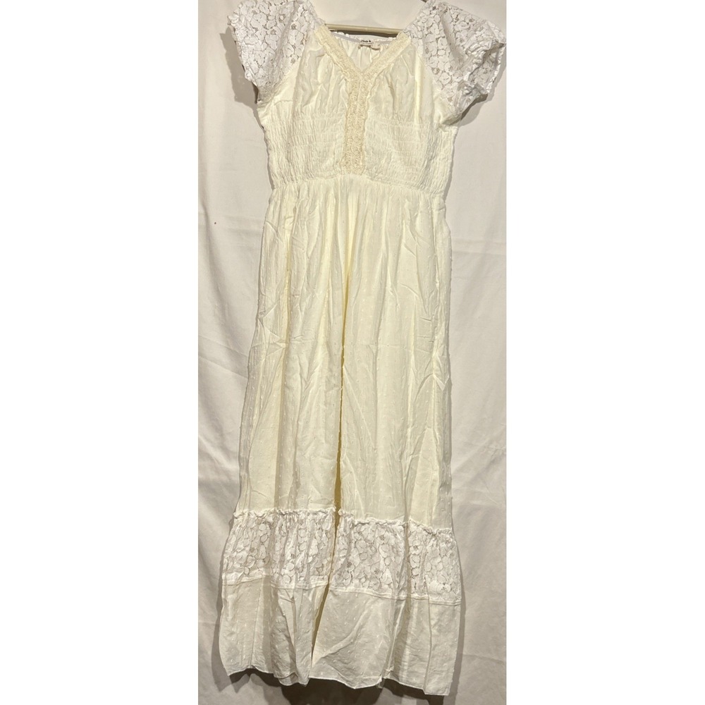 Peasant Dress Smocking Sweetheart Neck Puff Sleeves Ivory & White Lace Size S/M